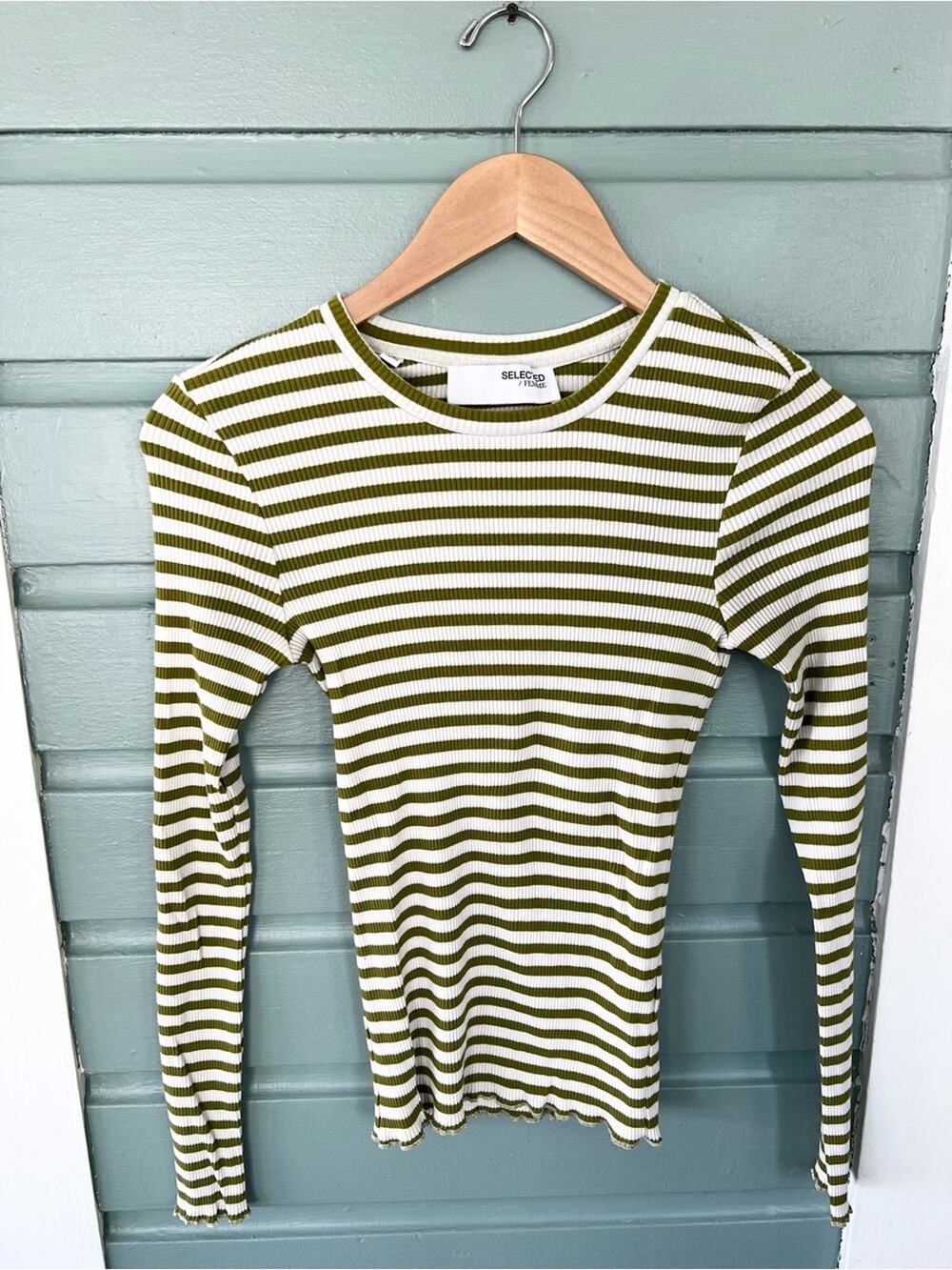 Selected femme Anthropologie green white striped long sleeve ribbed size XS